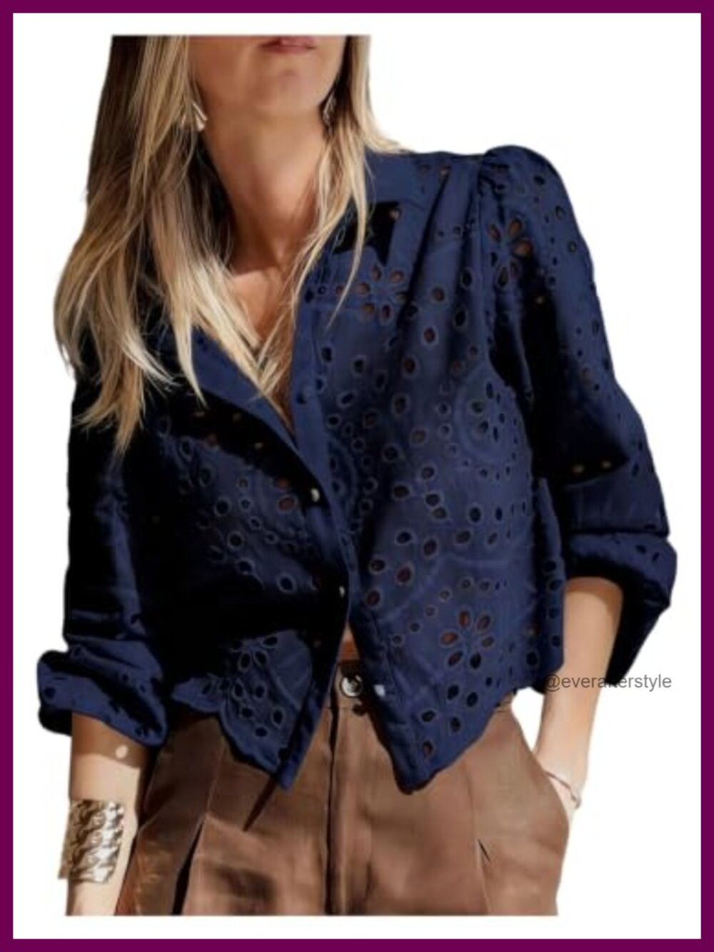 Boho Embroidery Eyelet Button Down Blouse Long Sleeve Collared Short